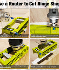 Hinge Mortising Router Template Pro Grade for 3 to 5 Inch Hinges with square and round corner inserts in use on wood surface