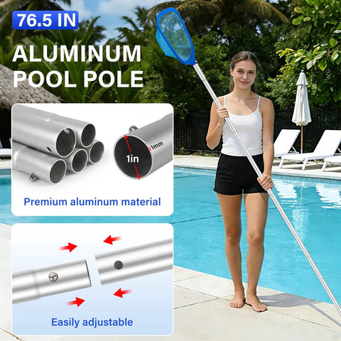 Woman using All In One Pool Cleaning Kit With 12.5 Inch Brush Head Ultra Fine Mesh Skimmer Net And 76.5 Inch Aluminum Pole by pool