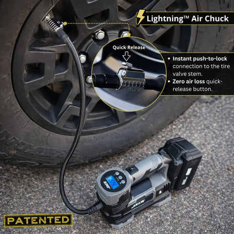 20V Cordless Tire Inflator Portable Air Compressor Pump with 3Ah Max Li Ion Battery inflating car tire using air chuck