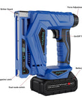 2 In 1 Cordless Brad Nailer And Staple Gun With Brushless Motor For DIY And Upholstery Work Includes 1000 Nails And T50 J10 Staples on a blue cordless device.