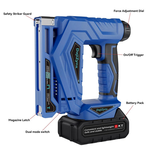 2 In 1 Cordless Brad Nailer And Staple Gun With Brushless Motor For DIY And Upholstery Work Includes 1000 Nails And T50 J10 Staples on a blue cordless device.