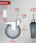 Dimensions of Set Of Four Heavy Duty Workhorse TPR Rubber Caster Wheels With Sturdy Steel Base And Lock It Down Tight Brakes