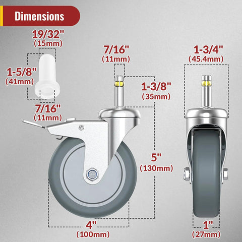 Dimensions of Set Of Four Heavy Duty Workhorse TPR Rubber Caster Wheels With Sturdy Steel Base And Lock It Down Tight Brakes