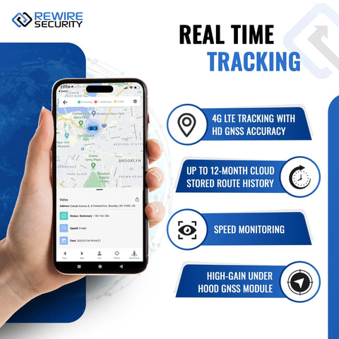 Dead Simple 4G OBD GPS Tracker Featuring Real Time Location Monitoring And Built In Backup Battery For Cars Trucks Vans RV And Motorcycle No Hassle Plug In Setup displayed on smartphone showing live tracking map.