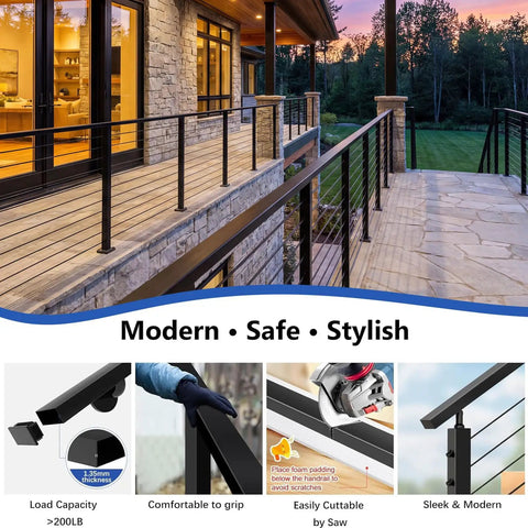 Heavy Duty Four Foot Modular Deck Handrail In Matte Black T304 Stainless Steel Cable Railing Top Rail For Outdoor Porches installed on modern deck.
