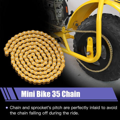 Gold 140-link mini bike chain coiled beside a yellow bike frame near the rear wheel sprocket.