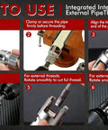 Instructions for using One Inch PVC Pipe Threader Kit With Internal And External Threading, compatible with drill, showing threading process.