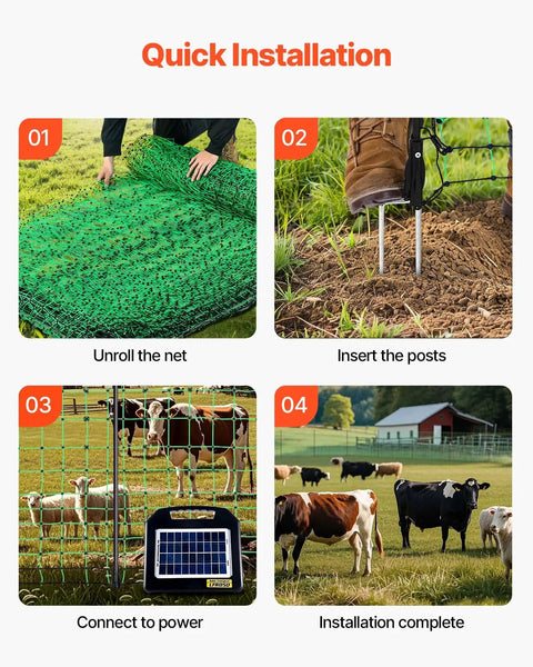 Step-by-step installation of Electric Fence Netting 50 Inch High And 164 Feet Long With Posts And Stakes for livestock management.