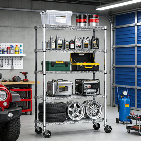 No Sweat Five Tier Rolling Storage Shelving Unit With Hella Sturdy Chrome Steel Wire Racks And Locking Caster Wheels For Heavy Duty Garage Kitchen Pantry And Basement Organization Plus 1750 Lbs Load Capacity