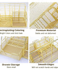 Close-up of gold desk organizer with 13 office accessories, featuring storage compartments and drawer, shown from various angles.