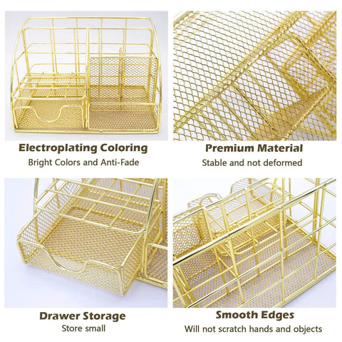 Close-up of gold desk organizer with 13 office accessories, featuring storage compartments and drawer, shown from various angles.
