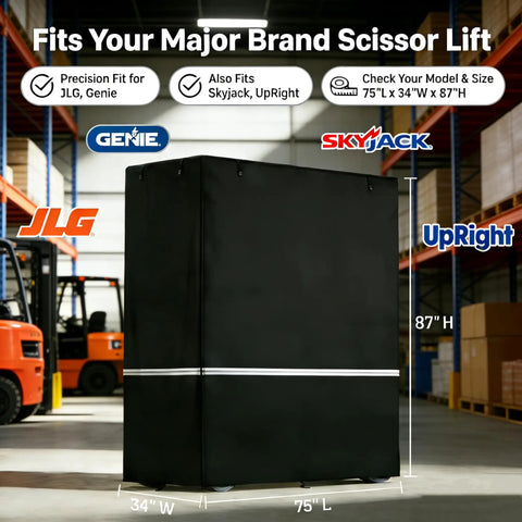 Heavy Duty Scissor Lift Cover 75 X 34 X 87 Inch Tough As Nails Aerial Guard in warehouse, crafted from waterproof fabric.