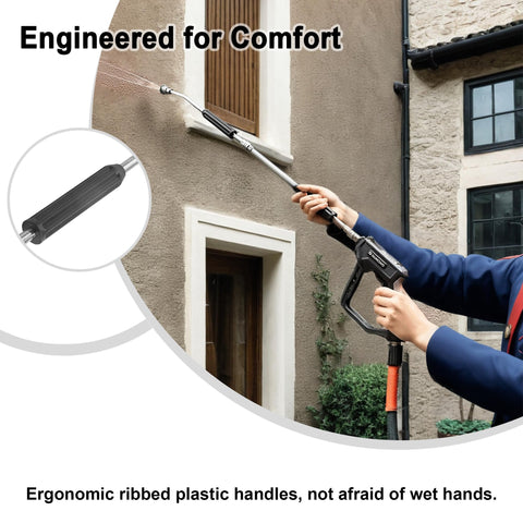 Person using Heavy Duty Pressure Washer Extension Wand Set Two Pack With Straight And 15 Degree Curved Angled Lance Anti Slip Grip