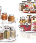 Two Tier Lazy Susan Turntable Organizer For Bathroom And Vanity, Clear 9.25 Inch Rotating Makeup Organizer For Skincare Perfume And Spice Storage, Smooth 360 Degree Spin, Non Slip, Sturdy Cabinet Organizer displaying spices on clear shelves.