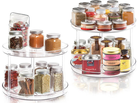 Two Tier Lazy Susan Turntable Organizer For Bathroom And Vanity, Clear 9.25 Inch Rotating Makeup Organizer For Skincare Perfume And Spice Storage, Smooth 360 Degree Spin, Non Slip, Sturdy Cabinet Organizer displaying spices on clear shelves.