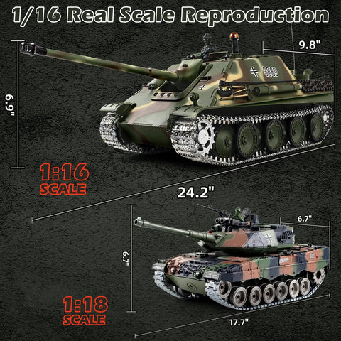 1/16 Scale RC Tank Jagdpanther Battle Ready With Smoke, Sound And Lights, detailed side view comparison with another model.