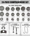 Heavy Duty Brake Tool Set 32 Pieces Caliper And Drum Tools Including Pliers Installer Remover Retainer Thrust Bolt Adapters Retaining Plates And 24 Disc Brake Tools For Caliper Service comprehensive set with disc adapters, retaining plates, thrust bolts, and caliper hangers.