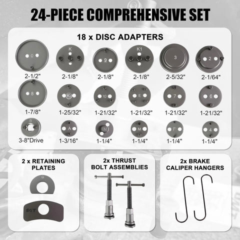 Heavy Duty Brake Tool Set 32 Pieces Caliper And Drum Tools Including Pliers Installer Remover Retainer Thrust Bolt Adapters Retaining Plates And 24 Disc Brake Tools For Caliper Service comprehensive set with disc adapters, retaining plates, thrust bolts, and caliper hangers.