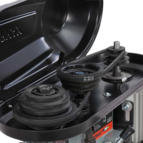 Close-up of the belt and pulley system of the Heavy Duty Benchtop Drill Press Featuring A Spacious 10 Inch Chuck With 9 Adjustable Speeds And A Badass 5 Amp Motor.