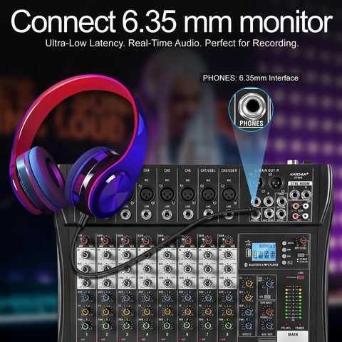 8 Channel Bluetooth Audio Mixer For Live Streams And Karaoke Professional DJ Style Mixer Board With 6.35mm Headphone Port