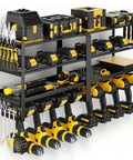 32 Inch Wide Heavy Duty Metal Power Tool Organizer Wall Mount With Four Tier Racks And Drill Hanger Eight Drill Holders Garage Workshop Storage Solution For Tools Toolboxes And Large Gear, installed on a wall with tools displayed.