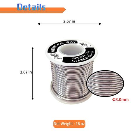 Stained Glass Solder Wire 60/40 No Flux Core For Copper Foil Tiffany Lamps And Glass Repairs, 3.0mm Diameter, 16oz Spool