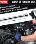 Mechanic using 3/8 Inch Drive Spark Plug Socket Set 7 Piece SAE And Metric with extension bar in car engine repair