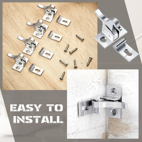 8 Piece Brass Heavy Duty Cabinet Door Latch Kit With Mounting Screws displayed on wooden surface and installed on cabinet