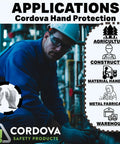 Industrial worker wearing Premium Grain Goatskin Driver Gloves Built For Tough Jobs With Killer Tactile Feel; applications listed.