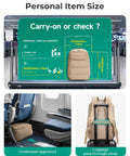 35L travel backpack for women fits under airplane seat, TSA ready, shown on airplane and luggage, perfect carry-on size.