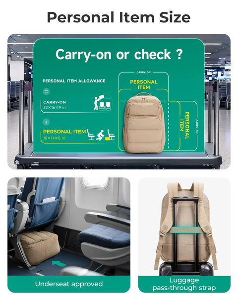 35L travel backpack for women fits under airplane seat, TSA ready, shown on airplane and luggage, perfect carry-on size.
