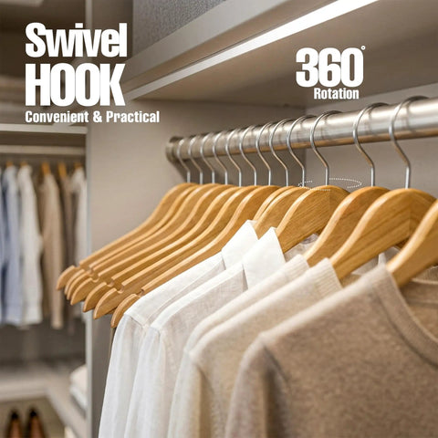 Premium Wooden Coat Hangers Set Of 30 With Slim Profile Built To Last 360 Degree Rotating Hook in closet display
