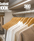 Premium Wooden Coat Hangers 50 Pack For Closet Organization with contoured shoulders and 360 degree rotatable hook in use