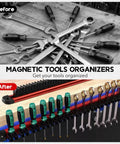 Magnetic Tool Organizer Rack for Screwdrivers and Wrenches, Heavy Duty Aluminum Rails with Strong Sliding Clips, Space Saving Garage Workshop Storage, Adjustable Tool Clips, Two Pack shown with tools organized in a workshop.