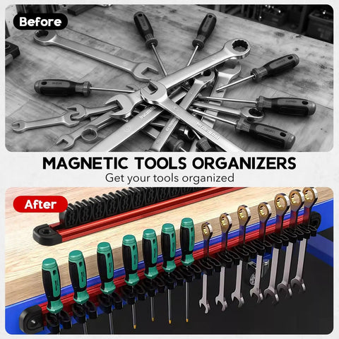 Magnetic Tool Organizer Rack for Screwdrivers and Wrenches, Heavy Duty Aluminum Rails with Strong Sliding Clips, Space Saving Garage Workshop Storage, Adjustable Tool Clips, Two Pack shown with tools organized in a workshop.