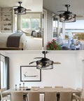 Old School 42 Inch Vintage Caged Industrial Ceiling Fan With Lights Remote Control in bedroom, porch, and dining area views