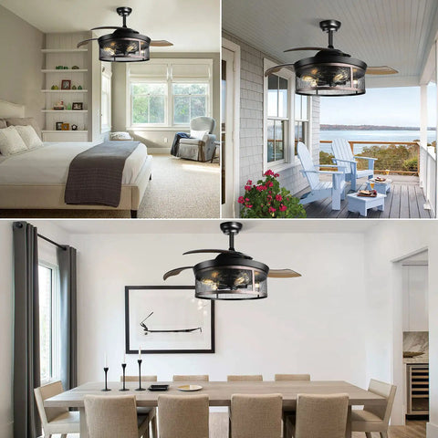 Old School 42 Inch Vintage Caged Industrial Ceiling Fan With Lights Remote Control in bedroom, porch, and dining area views