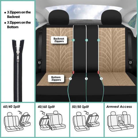 Universal Car Seat Covers Full Set Premium Cloth Beige For SUV And Sedan showing zippers and split bench options