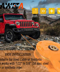 Snatch Block Recovery Winch Pulley 25,000 Lbs Rating, 12.5 Ton MBS and 6 Ton WLL used with off-road vehicle on rocky terrain