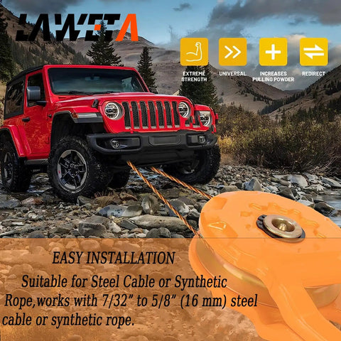 Snatch Block Recovery Winch Pulley 25,000 Lbs Rating, 12.5 Ton MBS and 6 Ton WLL used with off-road vehicle on rocky terrain