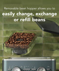 Semi Automatic Espresso Machine With Built In Burr Grinder In Juniper Color with visible bean hopper and control panel.