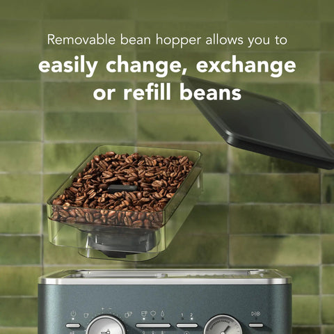 Semi Automatic Espresso Machine With Built In Burr Grinder In Juniper Color with visible bean hopper and control panel.