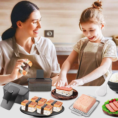 Mother and child using Musubi Press Mold Kit 2 Pack Clear Musubi Maker With Stainless Steel 304 Slicer in kitchen.