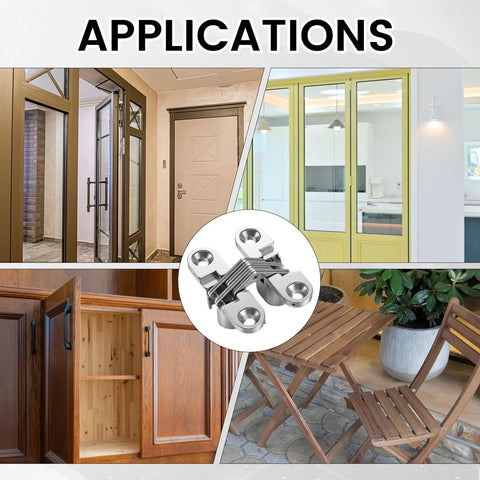 Applications of 4 Pack Stainless Steel 180 Degree Hidden Cabinet Hinges for Frameless Doors, shown in various settings