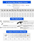 Chart showing 14 sizes of magnetic screws and 5 types of nose pads for Travel Ready All In One Magnetic Eyeglasses Repair Kit