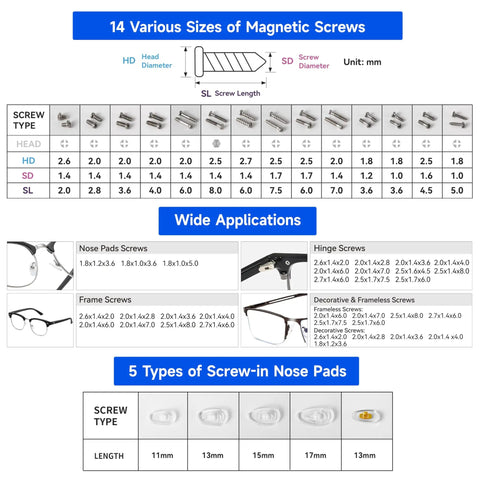 Chart showing 14 sizes of magnetic screws and 5 types of nose pads for Travel Ready All In One Magnetic Eyeglasses Repair Kit