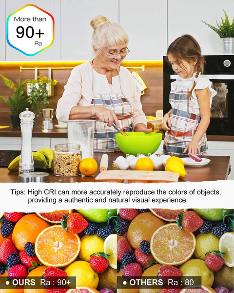 Warm White COB LED Strip Lights 32.8ft 3000K 24V Dimmable Tape Light High Density 4800 LEDs in kitchen, highlighting colorful fruit.