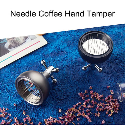 Pro Level 58mm Coffee Powder Distributor And Espresso Stirrer Tool Featuring Adjustable Height Dial Built From Food Grade Metal For Smooth Barista Extraction Plus Even Ground Bedding In Dope Gloss Black on blue background.