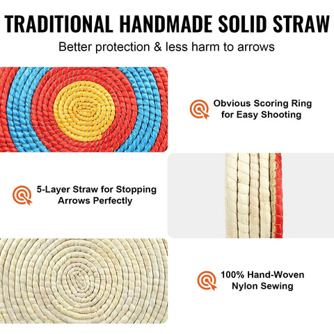 Portable 20 Inch Round Straw Archery Target, 4 Inch Thick, Handmade Solid Straw with Deep Red Finish, Five Layer Design, Colored Rope