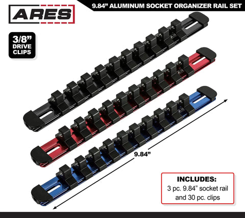 3/8-Inch Drive Aluminum Socket Rail Set With Locking End Caps Holds 10 Sockets Per Rail Includes Red Blue And Black Rails